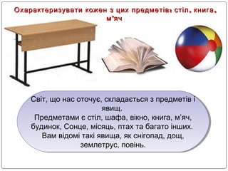 : , ,Охарактеризувати кожен з цих предметів стіл книга: , ,Охарактеризувати кожен з цих предметів стіл книга
’м яч’м яч
Світ, що нас оточує, складається з предметів і
явищ.
Предметами є стіл, шафа, вікно, книга, м’яч,
будинок, Сонце, місяць, птах та багато інших.
Вам відомі такі явища, як снігопад, дощ,
землетрус, повінь.
Світ, що нас оточує, складається з предметів і
явищ.
Предметами є стіл, шафа, вікно, книга, м’яч,
будинок, Сонце, місяць, птах та багато інших.
Вам відомі такі явища, як снігопад, дощ,
землетрус, повінь.
 