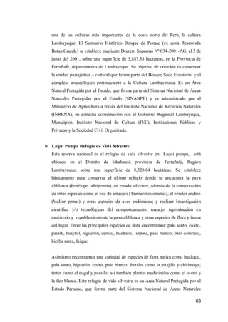 63 
una de las culturas más importantes de la costa norte del Perú, la cultura Lambayeque. El Santuario Histórico Bosque de Pomac (ex zona Reservada Batan Grande) se establece mediante Decreto Supremo Nº 034-2001-AG, el 3 de junio del 2001, sobre una superficie de 5,887.38 hectáreas, en la Provincia de Ferreñafe, departamento de Lambayeque. Su objetivo de creación es conservar la unidad paisajística – cultural que forma parte del Bosque Seco Ecuatorial y el complejo arqueológico perteneciente a la Cultura Lambayecana. Es un Área Natural Protegida por el Estado, que forma parte del Sistema Nacional de Áreas Naturales Protegidas por el Estado (SINANPE) y es administrado por el Ministerio de Agricultura a través del Instituto Nacional de Recursos Naturales (INRENA), en estrecha coordinación con el Gobierno Regional Lambayeque, Municipios, Instituto Nacional de Cultura (INC), Instituciones Públicas y Privadas y la Sociedad Civil Organizada. 
b. Laqui Pampa Refugio de Vida Silvestre 
Esta reserva nacional es el refugio de vida silvestre en Laqui pampa, está ubicado en el Distrito de lnkahuasi, provincia de Ferreñafe, Región Larnbayeque; sobre una superficie de 8,328.64 hectáreas. Se establece básicamente para conservar el último refugio donde se encuentra la pava aliblanca (Penélope albipennis), en estado silvestre, además de la conservación de otras especies como el oso de anteojos (Tremarctos omatus), el cóndor andino (VuIÍur pphus) y otras especies de aves endémicas; y realizar Investigación científica y/o tecnológicas del comportamiento, manejo, reproducción en cautiverio y repoblamiento de la pava aliblanca y otras especies de flora y fauna del lugar. Entre las principales especies de llora encontramos: palo santo, overo, pasalk, huayrul, higuerón, cerezo, hualtaco, sapote, palo blanco, palo colorado, hierba santa, faique. 
Asimismo encontramos una variedad de especies de flora nativa como hualtaco, palo santo, higuerón, cedro, palo blanco; frutales como la pitajilla y chirimoya; tintes como el nogal y pasallo; así también plantas medicinales como el overo y la flor blanca. Este refugio de vida silvestre es un Área Natural Protegida por el Estado Peruano, que forma parte del Sistema Nacional de Áreas Naturales  