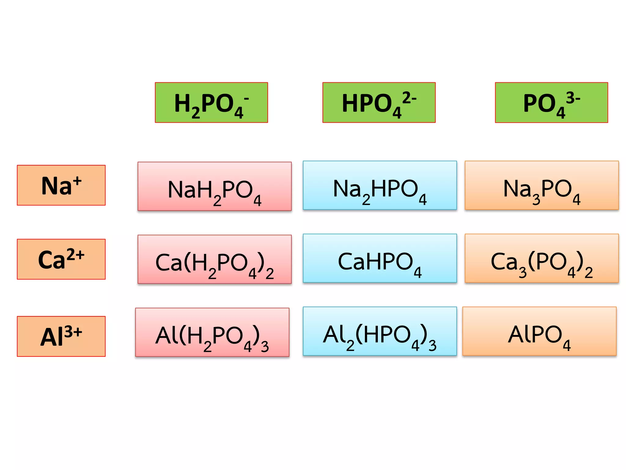 H2PO4-

HPO42-

Na+

NaH2PO4

Na2HPO4

Na3PO4

Ca2+

Ca(H2PO4)2

CaHPO4

Ca3(PO4)2

Al3+

Al(H2PO4)3

Al2(HPO4)3

AlPO4

PO43-

 