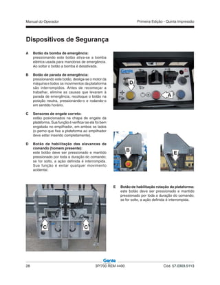 Manual do Operador
28 3P/700 REM 4400 Cód. 57.0303.5113
Primeira Edição - Quinta Impressão
A Botão da bomba de emergência:
pressionando este botão ativa-se a bomba
elétrica usada para manobras de emergência.
Ao soltar o botão a bomba é desativada.
B Botão de parada de emergência:
pressionando este botão, desliga-se o motor da
máquina e todos os movimentos da plataforma
são interrompidos. Antes de recomeçar a
trabalhar, elimine as causas que levaram à
parada de emergência, recoloque o botão na
posição neutra, pressionando-o e rodando-o
em sentido horário.
C Sensores de engate correto:
estão posicionados na chapa de engate da
plataforma. Sua função é verificar se ela foi bem
engatada no empilhador, em ambos os lados
(o perno que fixa a plataforma ao empilhador
deve estar inserido completamente).
D Botão de habilitação das alavancas de
comando (homem presente):
este botão deve ser pressionado e mantido
pressionado por toda a duração do comando;
se for solto, a ação definida é interrompida.
Sua função é evitar qualquer movimento
acidental.
B
C C
Dispositivos de Segurança
E
E Botão de habilitação rotação da plataforma:
este botão deve ser pressionado e mantido
pressionado por toda a duração do comando;
se for solto, a ação definida é interrompida.
D
A
 