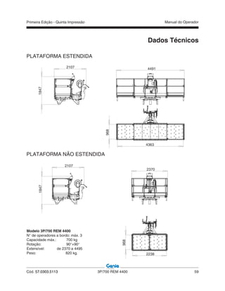 Primeira Edição - Quinta Impressão Manual do Operador
Cód. 57.0303.5113 3P/700 REM 4400 59
2107
1847
4491
2107
968
4363
1847
2370
2238
968
PLATAFORMA ESTENDIDA
PLATAFORMA NÃO ESTENDIDA
Dados Técnicos
Modelo 3P/700 REM 4400
N° de operadores a bordo: máx. 3
Capacidade máx.: 700 kg
Rotação: 90°+90°
Extensível: de 2370 a 4495
Peso: 820 kg.
 