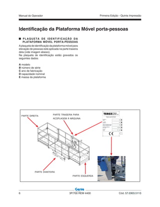 Manual do Operador
6 3P/700 REM 4400 Cód. 57.0303.5113
Primeira Edição - Quinta Impressão
Identificação da Plataforma Móvel porta-pessoas
PLAQUETA DE IDENTIFICAÇÃO DA
PLATAFORMA MÓVEL PORTA-PESSOAS
Aplaquetadeidentificaçãodaplataformamóvelpara
elevação de pessoas está aplicada na parte traseira
dela (vide imagem abaixo).
Na plaqueta de identificação estão gravados os
seguintes dados:
A modelo
B número de série
C ano de fabricação
D capacidade nominal
E massa da plataforma
PARTE TRASEIRA PARA
ACOPLAGEM À MÁQUINA
PARTE DIREITA
PARTE ESQUERDA
PARTE DIANTEIRA
 