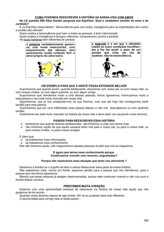 COMO PODEMOS REESCREVER A HISTÓRIA DA NOSSA VIDA COM AMOR
No LE questão 886 Allan Kardec pergunta aos Espíritos: Qual o verdadeiro sentido do amor e da
caridade?
E os Espíritos responderam: “Benevolência para com todos, indulgência para as imperfeições dos outros
e perdão das ofensas”.
Quem pratica a benevolência quer bem a todas as pessoas; é bem intencionado
Quem pratica a indulgência é benigno; tolerante; compreensivo; pronto a perdoar
Há duas maneirasduas maneiras bem diferentes de perdoar
UM EXEMPLO PARA QUE A GENTE POSSA ENTENDER MELHOR
Suponhamos que quando jovem, quando adolescente, discutimos com nosso pai, ou com nossa mãe, ou
com nossos irmãos, ou com algum parente, ou com algum amigo.
Suponhamos que ofendemos muito a uma dessas pessoas, fomos agressivos; machucamos muito a
esta pessoa e isso está muito marcado em nossa vida.
Suponhamos, que já nos arrepende-mos do que fizemos, mas que até hoje não conseguimos pedir
perdão para esta pessoa.
Suponhamos que por uma infelicidade essa pessoa faleceu e não nos desculpamos ou nem pedimos
perdão.
Certamente isto está muito marcado na história da nossa vida e deve estar nos causando muito remorso.
PASSOS PARA REESCREVER ESSA HISTÓRIA
 lembremos que quando éramos adolescentes não tínhamos a visão que temos hoje;
 não tínhamos noção de que aquilo causaria tanto mal para o nosso pai, ou para a nossa mãe, ou
para nossos irmãos, ou para nossos amigos.
E claro que:
 se tivéssemos mais informações;
 se tivéssemos mais conhecimento;
Nós não faríamos aquilo, não magoaríamos aquelas pessoas do jeito que nós as magoamos.
E agora que temos esse conhecimento porque
Continuamos vivendo com remorso, angustiados?
Porque não resolvemos essa situação que tanto nos atormenta ?
Deixemos a timidez ou o orgulho de lado e vamos Reescrever essa parte da nossa história.
Não esperemos mais, vamos em frente, peçamos perdão para a pessoa que nós ofendemos, para a
pessoa que nós fomos agressivos.
Mesmo que essas pessoas já estejam desencarnadas, porque eles continuam vivendo e vão nos ouvir e
ficarão felizes conosco.
PRESTEMOS MUITA ATENÇÃOPRESTEMOS MUITA ATENÇÃO
Estamos com uma oportunidade preciosa de reescrever na história da nossa vida aquilo que não
gostamos de ter escrito.
Quantas vezes dizemos depois de agir errado: Ah! se eu pudesse fazia tudo diferente...
A oportunidade para corrigir esta aí basta querer...
390
a primeiraprimeira verdadeiramente genero-
sa, com muita misericórdia, com
esquecimento das ofensas, sem
pensamento oculto evitando ferir o
amor-próprio do adversário;
a segundasegunda é a em que o ofendido
impõe ao outro condições humilhan-
tes e lhe faz sentir o peso de um
perdão que irrita, em vez de
acalmar; não há benevolência.
 