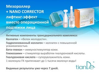 Мезороллер
+ NANO CORRECTOR
лифтинг-эффект
вместо операционной
подтяжки лица
Активные компоненты трансдермального комплекса:
Коллаген – «белок молодости».
Гидролизованный коллаген – коллаген с повышенной
усваиваемостью.
Бета-глюкан – иммуностимулятор кожи.
Глюкозамин – стимулятор выработки гиалуроновой кислоты.
Гиалуроновая кислота – суперувлажнитель кожи.
1 молекула ГК притягивает до 1 тысячи молекул воды!
Видимые результаты уже через 7 дней.
 