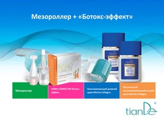Мезороллер + «Ботокс-эффект»
Мезороллер
NANO CORRECTOR ботокс-
эффект
Омолаживающий дневной
крем Marine Collagen.
Питательный
восстанавливающий ночной
крем Marine Collagen.
 