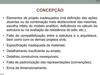 Público
Público
CONCEPÇÃO
• Elementos de projeto inadequados (má definição das ações
atuantes ou da combinação mais desfavorável das mesmas,
escolha infeliz do modelo analítico, deficiência no cálculo da
estrutura ou na avaliação da resistência do solo, etc.);
• Falta de compatibilização entre a estrutura e a arquitetura,
bem como com os demais projetos civis;
• Especificação inadequada de materiais;
• Detalhamento insuficiente ou errado;
• Detalhes construtivos inexequíveis;
• Falta de padronização das representações (convenções);
• Erros de dimensionamento.
 