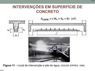 Público
Público
INTERVENÇÕES EM SUPERFÍCIE DE
CONCRETO
Figura 11 – Local de intervenção e jato de água. (SOUZA; RIPPER, 1998)
 