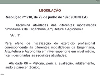 Público
Público
Resolução nº 218, de 29 de junho de 1973 (CONFEA)
Discrimina atividades das diferentes modalidades
profissionais da Engenharia, Arquitetura e Agronomia.
“Art. 1º
Para efeito de fiscalização do exercício profissional
correspondente às diferentes modalidades da Engenharia,
Arquitetura e Agronomia em nível superior e em nível médio,
ficam designadas as seguintes atividades:
Atividade 06 – Vistoria, perícia, avaliação, arbitramento,
laudo e parecer técnico.
LEGISLAÇÃO
 