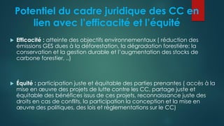 Potentiel du cadre juridique des CC en
lien avec l’efficacité et l’équité
 Efficacité : atteinte des objectifs environnem...