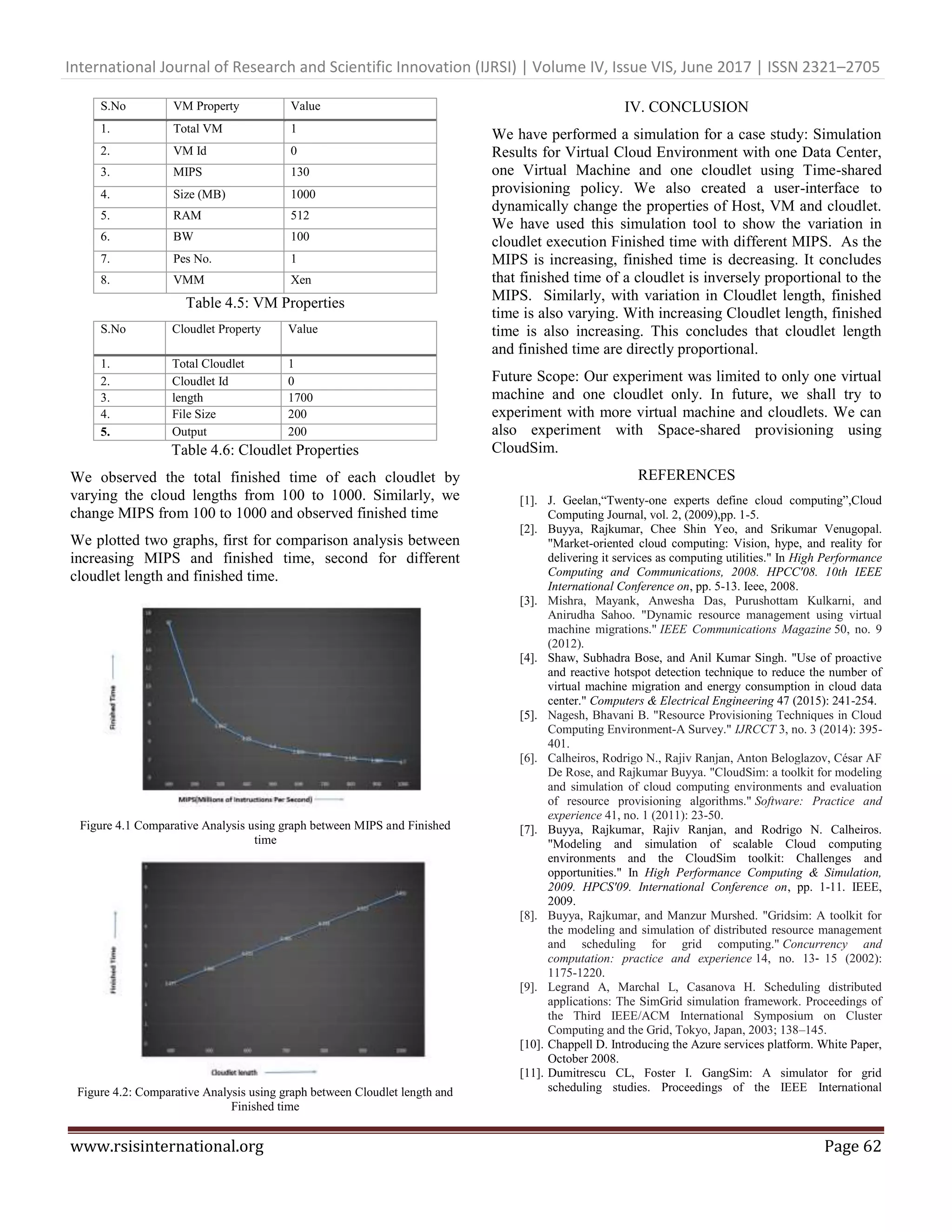 International Journal of Research and Scientific Innovation (IJRSI) | Volume IV, Issue VIS, June 2017 | ISSN 2321–2705
www.rsisinternational.org Page 62
S.No VM Property Value
1. Total VM 1
2. VM Id 0
3. MIPS 130
4. Size (MB) 1000
5. RAM 512
6. BW 100
7. Pes No. 1
8. VMM Xen
Table 4.5: VM Properties
S.No Cloudlet Property Value
1. Total Cloudlet 1
2. Cloudlet Id 0
3. length 1700
4. File Size 200
5. Output 200
Table 4.6: Cloudlet Properties
We observed the total finished time of each cloudlet by
varying the cloud lengths from 100 to 1000. Similarly, we
change MIPS from 100 to 1000 and observed finished time
We plotted two graphs, first for comparison analysis between
increasing MIPS and finished time, second for different
cloudlet length and finished time.
Figure 4.1 Comparative Analysis using graph between MIPS and Finished
time
Figure 4.2: Comparative Analysis using graph between Cloudlet length and
Finished time
IV. CONCLUSION
We have performed a simulation for a case study: Simulation
Results for Virtual Cloud Environment with one Data Center,
one Virtual Machine and one cloudlet using Time-shared
provisioning policy. We also created a user-interface to
dynamically change the properties of Host, VM and cloudlet.
We have used this simulation tool to show the variation in
cloudlet execution Finished time with different MIPS. As the
MIPS is increasing, finished time is decreasing. It concludes
that finished time of a cloudlet is inversely proportional to the
MIPS. Similarly, with variation in Cloudlet length, finished
time is also varying. With increasing Cloudlet length, finished
time is also increasing. This concludes that cloudlet length
and finished time are directly proportional.
Future Scope: Our experiment was limited to only one virtual
machine and one cloudlet only. In future, we shall try to
experiment with more virtual machine and cloudlets. We can
also experiment with Space-shared provisioning using
CloudSim.
REFERENCES
[1]. J. Geelan,“Twenty-one experts define cloud computing”,Cloud
Computing Journal, vol. 2, (2009),pp. 1-5.
[2]. Buyya, Rajkumar, Chee Shin Yeo, and Srikumar Venugopal.
"Market-oriented cloud computing: Vision, hype, and reality for
delivering it services as computing utilities." In High Performance
Computing and Communications, 2008. HPCC'08. 10th IEEE
International Conference on, pp. 5-13. Ieee, 2008.
[3]. Mishra, Mayank, Anwesha Das, Purushottam Kulkarni, and
Anirudha Sahoo. "Dynamic resource management using virtual
machine migrations." IEEE Communications Magazine 50, no. 9
(2012).
[4]. Shaw, Subhadra Bose, and Anil Kumar Singh. "Use of proactive
and reactive hotspot detection technique to reduce the number of
virtual machine migration and energy consumption in cloud data
center." Computers & Electrical Engineering 47 (2015): 241-254.
[5]. Nagesh, Bhavani B. "Resource Provisioning Techniques in Cloud
Computing Environment-A Survey." IJRCCT 3, no. 3 (2014): 395-
401.
[6]. Calheiros, Rodrigo N., Rajiv Ranjan, Anton Beloglazov, César AF
De Rose, and Rajkumar Buyya. "CloudSim: a toolkit for modeling
and simulation of cloud computing environments and evaluation
of resource provisioning algorithms." Software: Practice and
experience 41, no. 1 (2011): 23-50.
[7]. Buyya, Rajkumar, Rajiv Ranjan, and Rodrigo N. Calheiros.
"Modeling and simulation of scalable Cloud computing
environments and the CloudSim toolkit: Challenges and
opportunities." In High Performance Computing & Simulation,
2009. HPCS'09. International Conference on, pp. 1-11. IEEE,
2009.
[8]. Buyya, Rajkumar, and Manzur Murshed. "Gridsim: A toolkit for
the modeling and simulation of distributed resource management
and scheduling for grid computing." Concurrency and
computation: practice and experience 14, no. 13‐ 15 (2002):
1175-1220.
[9]. Legrand A, Marchal L, Casanova H. Scheduling distributed
applications: The SimGrid simulation framework. Proceedings of
the Third IEEE/ACM International Symposium on Cluster
Computing and the Grid, Tokyo, Japan, 2003; 138–145.
[10]. Chappell D. Introducing the Azure services platform. White Paper,
October 2008.
[11]. Dumitrescu CL, Foster I. GangSim: A simulator for grid
scheduling studies. Proceedings of the IEEE International
 
