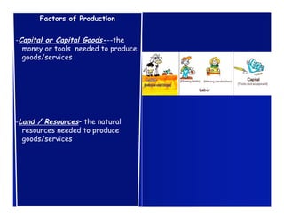 Factors of Production


-Capital or Capital Goods---the
  money or tools needed to produce
  goods/services




-Land / Resources– the natural
  resources needed to produce
  goods/services
 