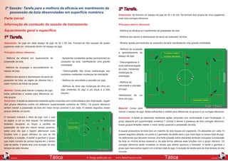 2º Sessão: Tarefa para a melhora da eficácia em mantimento da                                           2ª Tarefa.
   possessão da bola desenroladas em superfície numérica.
                                                                                                        Disposição: Se formam um espaço de jogo de 30 x 30 mts. Se formam dois grupos de cinco jogadores
Parte inicial:                                                                                          mais dois coringas ofensivos.

Informação de conteúdo da sessão de treinamento.                                                        Princípios táticos ofensivos:

Aquecimento geral e especifico.                                                                         - Melhora da eficácia em mantimento da possessão da bola.


1ª Tarefa.                                                                                              - Melhora dos apoios e desmarques de apoio ao possuidor da bola.

Disposição: Se joga em cada espaço de jogo de 30 x 25 mts. Formam-se três equipes de quatro             - Mostrar ajudas permanentes ao possuidor da bola manifestando uma grande mobilidade.
jogadores cada um, colocando dentro do espaço de jogo.
                                                                                                        - Melhora da ocupação
Princípios táticos ofensivos:                                                                           e aproveitamento do
                                                                                                        espaço de jogo.
- Melhora da eficácia em aquecimento da              - Apresentar constantes ajudas permanentes ao
possessão da bola.                                   possuidor da bola, manifestando uma grande         - Descongestionar a
                                                     mobilidade.                                        zona sobrecarregada
- Melhora da ocupação e aproveitamento do
                                                                                                        de rivais mediantes
espaço de jogo.                                      - Descongestão das zonas sobrecargas aos
                                                                                                        mudanças de
                                                     contrários mediantes mudanças de orientação.
- Melhora dos apoios e desmarques de apoio ao                                                           orientação.
possuidor da bola, ao objeto de oferecer-lhe o       - Melhora da velocidade e precisão em jogo.
                                                                                                        - Melhora da
maior número de linhas de passe.
                                                     - Melhora de ritmo das mudanças de ritmo em        velocidade e precisão
                                                     jogo (instantes do jogo a um toque e a dois        em jogo.
Material: Cones para marcar o espaço de jogo,
bolas suficientes e coletes para diferenciar os      toques).
                                                                                                        -Mantimento de      um
três grupos.
                                                                                                        ritmo em jogo.	
Desenrolo: A tarefa se desenrola mediante ações conjuntas com continuidade e sem finalização. Jogam
                                                                                                        	
dois grupos ofensivos contra um defensivo (superioridade numérica de 100%). Os grupos ofensivos
tentam manter a possessão da bola em maior tempo possível e por cada 10 passes seguidos, esses          Material: Cones para
grupos obterão um ponto.                                                                                marcar o espaço de jogo. Bolas suficientes e coletes para diferenciar os grupos e os curingas ofensivos.

O treinador indicará o ritmo de jogo com o que                                                          Desenrolo: A tarefa se desenrola mediantes ações conjuntas com continuidade e sem finalização. O
se jogará, a um ou dois toques. Os defensores                                                           grupo atacante em superioridade numérica 7 contras 5 devido a presença de dois coringas ofensivos.
tentaram recuperar ou forçar a perdida da                                                               Esses grupos tentarão manter o maior tempo possível a possessão da bola.
possessão da bola em menor tempo possível,
estes uma vês que o logrem alternaram suas                                                              A equipe possuidora da bola terá um máximo de dois toques por jogadores. Os atacantes por cada 10
funções com o grupo ofensivo ao que se lhe                                                              passes seguidos obterão um ponto e o ganhador da tarefa será o que mais logre no tempo total de jogo.
arrebatou a posição. A tarefa a ganhará o grupo                                                         Os defensores que deveram exercer uma forte pressão sobre atacantes tentaram recuperar a possessão
que maior numero de pontos lograra em o tempo                                                           da bola no mínimo tempo possível e, de esta forma, alternar suas funções com o grupo ofensivo. Os
total da tarefa. A tarefa terá uma duração de dois                                                      coringas ofensivos serão mudados no tempo que estime oportuno o treinador. A tarefa a ganhará o
tempos de sete minutos.                                                                                 grupo que mais pontos logrem em o tempo total do jogo. A duração da tarefa será de dois tempos de dez
                                                                                                        minutos.
108                                                                                                                                                                                                       109
      JANEIRO                               Tática                           © Artigo publicado em    www.futbol-tactico.com                         Tática                                        JANEIRO
 