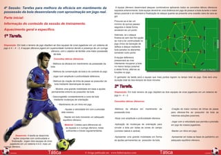 4º Sessão: Tarefas para melhora da eficácia em mantimento da                                                 A equipe ofensivo desenrolará ataques combinativos aplicando todos os conceitos táticos ofensivos
                                                                                                            expostos anteriormente. Esta equipe deverá ter uma dinâmica em jogo de possuir a bola durante o maior
possessão da bola desenrolando com aproximação em jogo real.                                                tempo possível e só intentará a finalização do ataque quando se presente uma ocasião clara de cara ao
                                                                                                            gol.
Parte inicial:
                                                                                                            Procurar-se-á dar um
Informação do conteúdo da sessão de treinamento.                                                            mínimo de quinze passes
                                                                                                            seguidos e desta forma,
Aquecimento geral e especifico.                                                                             anotaram-se um ponto.

1ª Tarefa.                                                                                                  Ademais, se o ataque
                                                                                                            finaliza-se sem dar-lhe opção
                                                                                                            ao rival a ter continuidade no
                                                                                                            jogo (inicio da transição de
Disposição: Em todo o terreno de jogo dispõem-se dois equipes de onze jogadores em um sistema de
                                                                                                            defesa a ataque mediante
jogo d 4 – 4 – 2. A equipe ofensiva jogará em superioridade numérica devido a presença de um curinga
                                                                                                            bola parada) os atacantes
                                               ofensivo; com o objetivo de facilitar uma maior possessão
                                                                                                            somaram outro ponto.
                                                 da bola.
                                                                                                            A equipe defensora
                                                  Conceitos táticos ofensivos:
                                                                                                            pressionará ao rival
                                                - Melhora da eficácia em mantimento da possessão da         intentando recuperar a bola
                                               bola.                                                        no menor tempo possível
                                                                                                            e desta forma, alternar as
                                                - Melhora da conservação da bola e do controle do jogo.     funções no jogo.
                                               - Jogar com amplitude e profundidade defensiva.              O ganhador da tarefa será a equipe que mais pontos logrem no tempo total de jogo. Este terá uma
                                                - Melhora da criação da linha de passe ao possuidor da      duração total de dois tempos de doze minutos.
                                                   bola mediante desmarques de apoio.
                                                                                                            2ª Tarefa.
                                                 - Mostrar uma grande mobilidade em base a ajudas
                                               permanentes entorno ao possuidor da bola.                    Disposição: Em todo terreno de jogo dispõem-se dois equipes de onze jogadores em um sistema de
                                                                                                            jogo 4 – 4 – 2.
                                               - Descongestão constantemente a zona da bola
                                                  mediante mudanças de orientação.
                                                                                                            Conceitos táticos ofensivos:
                                                     - Mantimento de um ritmo em jogo.

                                                        	     - Ajustar a velocidade em com a precisão      -Melhora da eficácia      em     mantimento   da       -Criação do maior número de linhas de passe
                                                            dele mesmo.                                     possessão bola                                         para oferecer-lhe ao possuidor da bola as
                                                                                                                                                                   máximas soluções possíveis.
                                                             - Manter em todo momento um adequado
                                                                                                            -Atuar com amplitude e profundidade ofensiva.
                                                             equilíbrio ofensivo.
                                                                                                                                                                   -Jogar com a velocidade que permita a precisão
                                                               Material: Coletes para diferenciar-se        -Aplicação de mudanças de orientação para              em jogo de nossos jogadores.
                                                                as equipes e o curinga ofensivo, bolas      circular a bola por todas as zonas do campo
                                                                suficientes e traves regulamentárias.       (corredor lateral e central).                          -Manter um ritmo em jogo.

            Desenrolo: A tarefa se desenrola
                                                                                                            -Apresentar uma grande mobilidade em forma             -Apresentar em todas as fases do partidinho um
          ações conjuntas com continuidade e
        finalização. Jogam dois equipes de onze                                                             de ajudas permanentes ao possuidor da bola.            adequado equilíbrio ofensivo.
      jogadores em um sistema 4-4-2, mais um
coringa ofensivo.
116                                                                                                                                                                                                            117
      JANEIRO                               Tática                                 © Artigo publicado em www.futbol-tactico.com                           Tática                                     JANEIRO
 