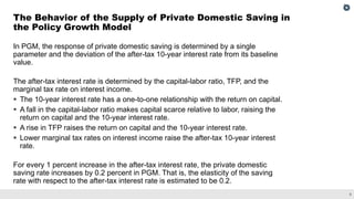 9
In PGM, the response of private domestic saving is determined by a single
parameter and the deviation of the after-tax 10-year interest rate from its baseline
value.
The after-tax interest rate is determined by the capital-labor ratio, TFP, and the
marginal tax rate on interest income.
 The 10-year interest rate has a one-to-one relationship with the return on capital.
 A fall in the capital-labor ratio makes capital scarce relative to labor, raising the
return on capital and the 10-year interest rate.
 A rise in TFP raises the return on capital and the 10-year interest rate.
 Lower marginal tax rates on interest income raise the after-tax 10-year interest
rate.
For every 1 percent increase in the after-tax interest rate, the private domestic
saving rate increases by 0.2 percent in PGM. That is, the elasticity of the saving
rate with respect to the after-tax interest rate is estimated to be 0.2.
The Behavior of the Supply of Private Domestic Saving in
the Policy Growth Model
 