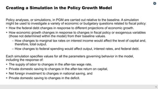 18
Policy analyses, or simulations, in PGM are carried out relative to the baseline. A simulation
might be used to investigate a variety of economic or budgetary questions related to fiscal policy:
 How the federal debt changes in response to different projections of economic growth.
 How economic growth changes in response to changes in fiscal policy or exogenous variables
(those not determined within the model) from their baseline values.
– How changes to marginal tax rates on interest income would affect the level of capital and,
therefore, total output.
– How changes to federal spending would affect output, interest rates, and federal debt.
Each simulation specifies values for all the parameters governing behavior in the model,
including the response of:
 The supply of labor to changes in the after-tax wage rate,
 Private domestic saving to changes in the after-tax return on capital,
 Net foreign investment to changes in national saving, and
 Private domestic saving to changes in the deficit.
Creating a Simulation in the Policy Growth Model
 