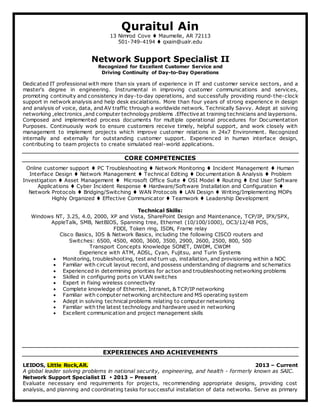 Quraitul Ain
13 Nimrod Cove  Maumelle, AR 72113
501-749-4194  qxain@ualr.edu
Network Support Specialist II
Recognized for Excellent Customer Service and
Driving Continuity of Day-to-Day Operations
Dedicated IT professional with more than six years of experience in IT and customer service sectors, and a
master's degree in engineering. Instrumental in improving customer communications and services,
promoting continuity and consistency in day-to-day operations, and successfully providing round-the-clock
support in network analysis and help desk escalations. More than four years of strong experience in design
and analysis of voice, data, and AV traffic through a worldwide network. Technically Savvy. Adept at solving
networking ,electronics ,and computer technology problems .Effective at training technicians and laypersons.
Composed and implemented process documents for multiple operational procedures for Documentation
Purposes. Continuously work to ensure customers receive timely, helpful support, and work closely with
management to implement projects which improve customer relations in 24x7 Environment. Recognized
internally and externally for outstanding customer support. Experienced in human interface design,
contributing to team projects to create simulated real-world applications.
CORE COMPETENCIES
Online customer support  PC Troubleshooting  Network Monitoring  Incident Management  Human
Interface Design  Network Management  Technical Editing  Documentation & Analysis  Problem
Investigation  Asset Management  Microsoft Office Suite  OSI Model  Routing  End User Software
Applications  Cyber Incident Response  Hardware/Software Installation and Configuration 
Network Protocols  Bridging/Switching  WAN Protocols  LAN Design  Writing/Implementing MOPs
Highly Organized  Effective Communicator  Teamwork  Leadership Development
Technical Skills:
Windows NT, 3.25, 4.0, 2000, XP and Vista, SharePoint Design and Maintenance, TCP/IP, IPX/SPX,
AppleTalk, SMB, NetBIOS, Spanning tree, Ethernet (10/100/1000), OC3/12/48 POS,
FDDI, Token ring, ISDN, Frame relay
Cisco Basics, IOS & Network Basics, including the following CISCO routers and
Switches: 6500, 4500, 4000, 3600, 3500, 2900, 2600, 2500, 800, 500
Transport Concepts Knowledge SONET, DWDM, CWDM
Experience with ATM, ADSL, Cyan, Fujitsu, and Turin Systems
 Monitoring, troubleshooting, test and turn up, installation, and provisioning within a NOC
 Familiar with circuit layout record, and possess understanding of diagrams and schematics
 Experienced in determining priorities for action and troubleshooting networking problems
 Skilled in configuring ports on VLAN switches
 Expert in fixing wireless connectivity
 Complete knowledge of Ethernet, Intranet, & TCP/IP networking
 Familiar with computer networking architecture and MS operating system
 Adept in solving technical problems relating to computer networking
 Familiar with the latest technology and hardware used in networking
 Excellent communication and project management skills
EXPERIENCES AND ACHIEVEMENTS
LEIDOS, Little Rock,AR. 2013 – Current
A global leader solving problems in national security, engineering, and health - formerly known as SAIC.
Network Support Specialist II  2013 – Present
Evaluate necessary end requirements for projects, recommending appropriate designs, providing cost
analysis, and planning and coordinating tasks for successful installation of data networks. Serve as primary
 