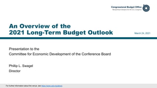 Presentation to the
Committee for Economic Development of the Conference Board
March 24, 2021
Phillip L. Swagel
Director
An Overview of the
2021 Long-Term Budget Outlook
For further information about the venue, see https://www.ced.org/about.
 