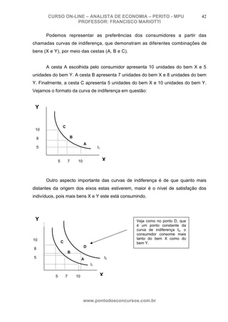 CURSO ON-LINE – ANALISTA DE ECONOMIA – PERITO - MPU                                42
                   PROFESSOR: FRANCISCO MARIOTTI

        Podemos representar as preferências dos consumidores a partir das
chamadas curvas de indiferença, que demonstram as diferentes combinações de
bens (X e Y), por meio das cestas (A, B e C).


        A cesta A escolhida pelo consumidor apresenta 10 unidades do bem X e 5
unidades do bem Y. A cesta B apresenta 7 unidades do bem X e 8 unidades do bem
Y. Finalmente, a cesta C apresenta 5 unidades do bem X e 10 unidades do bem Y.
Vejamos o formato da curva de indiferença em questão:


 Y


                    C
 10

    8                           B
                                          A
    5                                              I1


                5           7        10                 X


        Outro aspecto importante das curvas de indiferença é de que quanto mais
distantes da origem dos eixos estas estiverem, maior é o nível de satisfação dos
indivíduos, pois mais bens X e Y este está consumindo.




 Y                                                            Veja como no ponto D, que
                                                              é um ponto constante da
                                                              curva de indiferença I2, o
                                                              consumidor consome mais
10                                                            tanto do bem X como do
                    C                                         bem Y.
                                          D
8
                            B
5                                        A              I2
                                              I1


            5           7           10              X



                                          www.pontodosconcursos.com.br
 