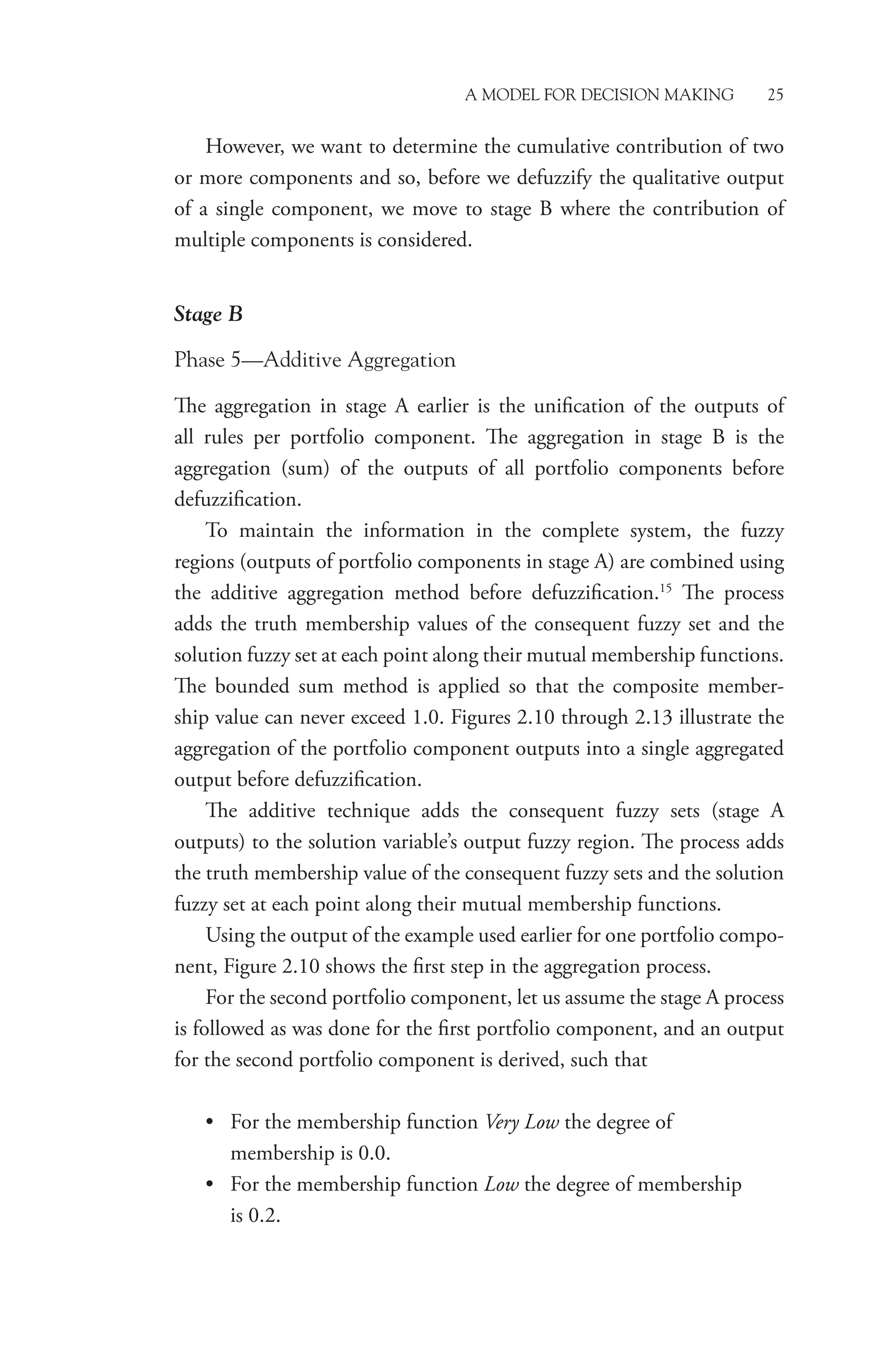 A Model for Decision Making 25
However, we want to determine the cumulative contribution of two
or more components and so, before we defuzzify the qualitative output
of a single component, we move to stage B where the contribution of
multiple components is considered.
Stage B
Phase 5—Additive Aggregation
The aggregation in stage A earlier is the unification of the outputs of
all rules per portfolio component. The aggregation in stage B is the
aggregation (sum) of the outputs of all portfolio components before
defuzzification.
To maintain the information in the complete system, the fuzzy
regions (outputs of portfolio components in stage A) are combined using
the additive aggregation method before defuzzification.15
The process
adds the truth membership values of the consequent fuzzy set and the
­solution fuzzy set at each point along their mutual membership ­functions.
The bounded sum method is applied so that the composite member-
ship value can never exceed 1.0. Figures 2.10 through 2.13 illustrate the
aggregation of the portfolio component outputs into a single aggregated
output before defuzzification.
The additive technique adds the consequent fuzzy sets (stage A
outputs) to the solution variable’s output fuzzy region. The process adds
the truth membership value of the consequent fuzzy sets and the solution
fuzzy set at each point along their mutual membership functions.
Using the output of the example used earlier for one portfolio compo-
nent, Figure 2.10 shows the first step in the aggregation process.
For the second portfolio component, let us assume the stage A process
is followed as was done for the first portfolio component, and an output
for the second portfolio component is derived, such that
• For the membership function Very Low the degree of
­
membership is 0.0.
• For the membership function Low the degree of membership
is 0.2.
 