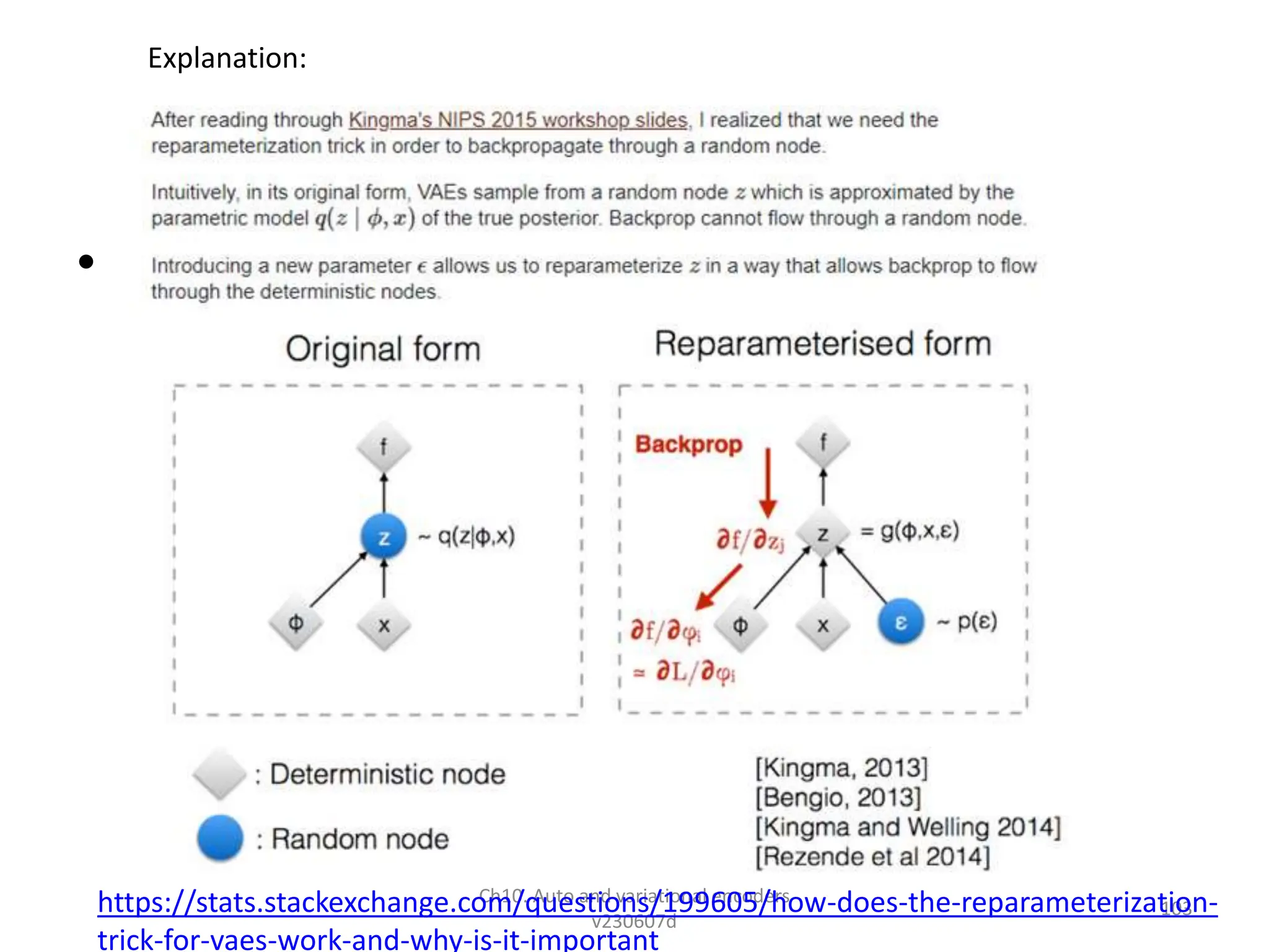 ssa
•
Ch10. Auto and variational encoders
v230607d
103
https://stats.stackexchange.com/questions/199605/how-does-the-reparameterization-
trick-for-vaes-work-and-why-is-it-important
Explanation:
 