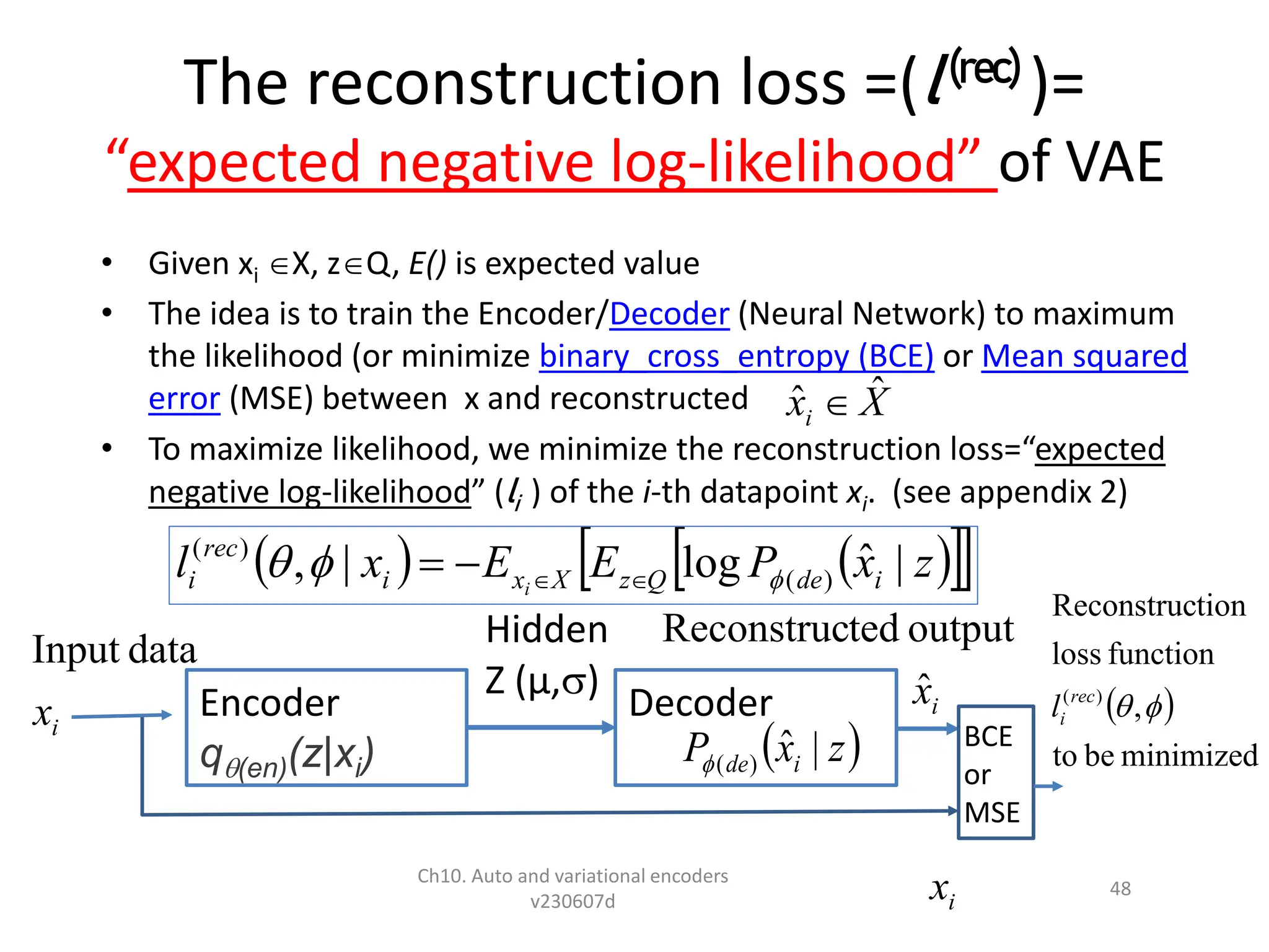 The reconstruction loss =(l(rec) )=
“expected negative log-likelihood” of VAE
• Given xi X, zQ, E() is expected value
• The idea is to train the Encoder/Decoder (Neural Network) to maximum
the likelihood (or minimize binary_cross_entropy (BCE) or Mean squared
error (MSE) between x and reconstructed
• To maximize likelihood, we minimize the reconstruction loss=“expected
negative log-likelihood” (li ) of the i-th datapoint xi. (see appendix 2)
Ch10. Auto and variational encoders
v230607d
48
   
 
 
z
x
P
E
E
x
l i
de
Q
z
X
x
i
rec
i i
|
ˆ
log
|
, )
(
)
(


 



Encoder
q(en)(z|xi)
Decoder
Hidden
Z (µ,)
i
x
data
Input
 
minimized
be
to
,
function
loss
tion
Reconstruc
)
(


rec
i
l
i
x̂
output
ted
Reconstruc
i
x
BCE
or
MSE
 
z
x
P i
de |
ˆ
)
(

X
xi
ˆ
ˆ 
 