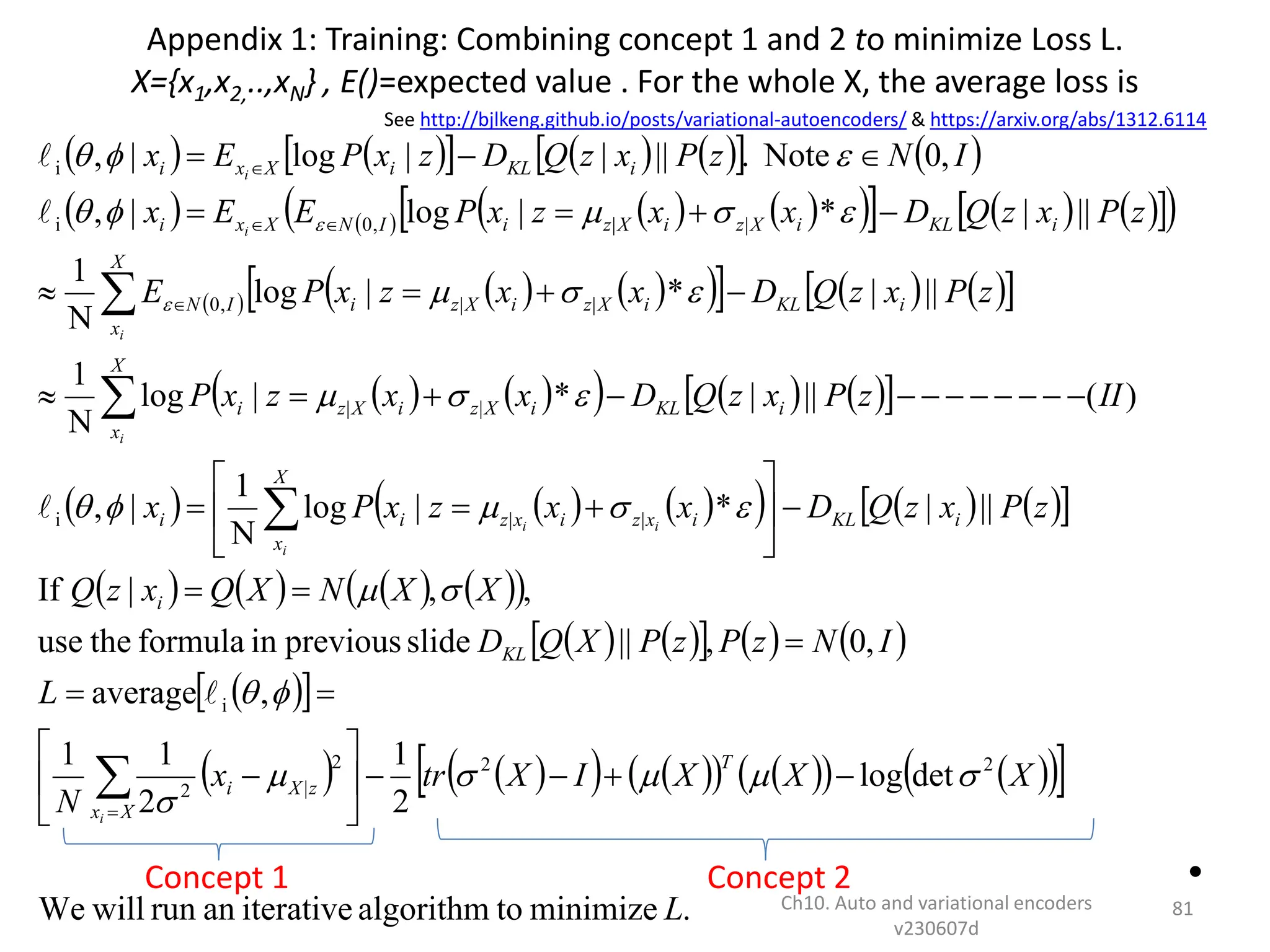 Appendix 1: Training: Combining concept 1 and 2 to minimize Loss L.
X={x1,x2,..,xN} , E()=expected value . For the whole X, the average loss is
•
Ch10. Auto and variational encoders
v230607d
81
   
     
   
       
 
     
 
 
     
 
     
 
   
     
 
     
     
 
       
 
   
     
 
 
   
   
   
   
 
 
.
minimize
to
algorithm
iterative
an
run
will
We
det
log
2
1
2
1
1
,
average
,
0
,
||
slide
previous
in
formula
the
use
,
,
|
If
||
|
*
|
log
N
1
|
,
)
(
||
|
*
|
log
N
1
||
|
*
|
log
N
1
||
|
*
|
log
|
,
,
0
Note
.
||
|
|
log
|
,
2
2
2
|
2
i
|
|
i
|
|
|
|
,
0
|
|
,
0
i
i
L
X
X
X
I
X
tr
x
N
L
I
N
z
P
z
P
X
Q
D
X
X
N
X
Q
x
z
Q
z
P
x
z
Q
D
x
x
z
x
P
x
II
z
P
x
z
Q
D
x
x
z
x
P
z
P
x
z
Q
D
x
x
z
x
P
E
z
P
x
z
Q
D
x
x
z
x
P
E
E
x
I
N
z
P
x
z
Q
D
z
x
P
E
x
T
X
x
z
X
i
KL
i
i
KL
X
x
i
x
z
i
x
z
i
i
i
KL
X
x
i
X
z
i
X
z
i
i
KL
X
x
i
X
z
i
X
z
i
I
N
i
KL
i
X
z
i
X
z
i
I
N
X
x
i
i
KL
i
X
x
i
i
i
i
i
i
i
i
i





























































































Concept 1 Concept 2
See http://bjlkeng.github.io/posts/variational-autoencoders/ & https://arxiv.org/abs/1312.6114
 