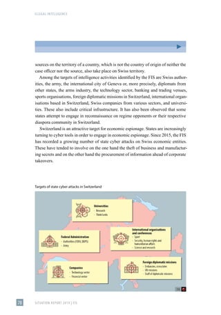 ILLEGAL INTELLIGENCE
SITUATION REPORT 2019 | FIS
78
sources on the territory of a country, which is not the country of origin of neither the
case officer nor the source, also take place on Swiss territory.
Among the targets of intelligence activities identified by the FIS are Swiss author-
ities, the army, the international city of Geneva or, more precisely, diplomats from
other states, the arms industry, the technology sector, banking and trading venues,
sports organisations, foreign diplomatic missions in Switzerland, international organ-
isations based in Switzerland, Swiss companies from various sectors, and universi-
ties. These also include critical infrastructure. It has also been observed that some
states attempt to engage in reconnaissance on regime opponents or their respective
diaspora community in Switzerland.
Switzerland is an attractive target for economic espionage. States are increasingly
turning to cyber tools in order to engage in economic espionage. Since 2015, the FIS
has recorded a growing number of state cyber attacks on Swiss economic entities.
These have tended to involve on the one hand the theft of business and manufactur-
ing secrets and on the other hand the procurement of information ahead of corporate
takeovers.
Targets of state cyber attacks in Switzerland
 