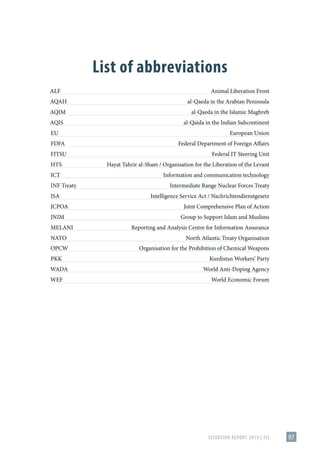SITUATION REPORT 2019 | FIS 97
List of abbreviations
ALF	 Animal Liberation Front
AQAH	 al-Qaeda in the Arabian Peninsula
AQIM	 al-Qaeda in the Islamic Maghreb
AQIS	 al-Qaida in the Indian Subcontinent
EU	 European Union
FDFA	 Federal Department of Foreign Affairs
FITSU	 Federal IT Steering Unit
HTS	 Hayat Tahrir al-Sham / Organisation for the Liberation of the Levant
ICT	 Information and communication technology
INF Treaty	 Intermediate Range Nuclear Forces Treaty
ISA	 Intelligence Service Act / Nachrichtendienstgesetz
JCPOA	 Joint Comprehensive Plan of Action
JNIM	 Group to Support Islam and Muslims
MELANI	 Reporting and Analysis Centre for Information Assurance
NATO	 North Atlantic Treaty Organisation
OPCW	 Organisation for the Prohibition of Chemical Weapons
PKK	 Kurdistan Workers’ Party
WADA	 World Anti-Doping Agency
WEF	 World Economic Forum
 