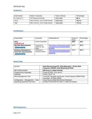 Abhishek Ray
Page 2 of 9
Academics:
Examination Board / University Years of Study Percentage
B. Tech.(I.T.) KIIT Deemed University 2002-2006 86 %
10+2 HSC (C.B.S.E) , D.A.V Public School 2000-2002 75.4 %
10th SSC (C.B.S.E) , D.A.V Public School 1999-2000 77.6 %
Certifications:
Examination University Certificate/Link Years of
Study
Percentage
OCA Oracle Corporation 2007 95%
Big Data Specialization University of
California, San
Diego
https://www.coursera.org/account/a
ccomplishments/certificate/GK8SG
K3J85A6
2015 95 %
Database Management
Essentials Specialization
University of
Colorado System
https://www.coursera.org/account/a
ccomplishments/certificate/QGK5H
Q8MGLRK
2015 92 %
Skills Profile:
Work Experience:
Domain Data Warehousing,ETL (Data Migration) , Oracle Data
Integrator (ODIEE), Data Modeling,OFSAAI
METHODOLOGIES Bill Inmon’s, Ralph Kimball
Programming Languages : Oracle PL/SQL, Unix,Java,C
Database : Oracle 10g & 11g
Effort Management Tool : Toad,SQL Navigator,Sql Server, Oracle Hyperion DRM,PLSQL
Developer, OFSAAI,ODIEE
Configuration Management Tools : Visual Source Safe(VSS),Borland Starteam
Operating System/Environment : Window NT/XP/VISTA/7,AIX 6.1,UNIX,Sun Solaris
 