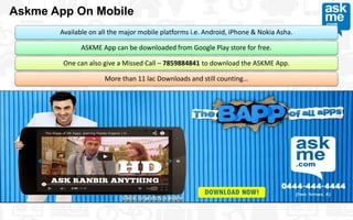 Available on all the major mobile platforms i.e. Android, iPhone & Nokia Asha.
ASKME App can be downloaded from Google Play store for free.
One can also give a Missed Call – 7859884841 to download the ASKME App.
More than 11 lac Downloads and still counting…
Askme App On Mobile
 
