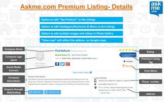 Askme.com Premium Listing- Details
Option to add “Top Products” to the Listings
Option to add Catalogues/Brochures & Menu to the Listings
Option to add multiple images and videos in Photo Gallery
“View map” will reflect the address on Google maps
Premium Listing
Tag
Company Name
Phone number
Address
Rating
Company Logo
space
View Menu
Social Media
Connect
Company
Description
Enquire through
SMS/Calling
 
