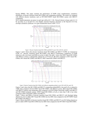 244
Keying (BPSK). This paper evaluates the performance of PAPR using complementary cumulative
distribution of discrete transform based MC-CDMA and companding technique. The results are compared
with different discrete transforms such as IFFT/IDCT/IDWT based MC-CDMA system with MECCT
companding.
SUI-3 channel parameters are power in each tap in dB p=[0 -5 -10]; Rician K-factor in linear scale k=[ 1 0
0]; tap delay in µs tau=[0.0 0.5 1.0]; Doppler maximal frequency parameter in HZ Dop=[0.4 0.4 0.4];
envelope correlation coefficient =0.4; gain normalization factor in dB=-1.5113.
Figure 3. Discrete Transform based MC-CDMA and MECCT nsym=1024; nfft=256; nsub=64
Figures 3 and 4 shows that discrete transforms based MC-CDMA and MECCT PAPRs are measured at
CCDF 10-2
. Discrete Transform based MC-CDMA with MECCT Performance comparison of PAPR
reduction in db, crest factor and BERs are given in table1.The table 1 shows that IDWT based MC-CDMA
with MECCT system is subsequently reduced by 6.75/4.25/2.25 dB when compared to IFFT based MC-
CDMA/ IFFT based MC-CDMA with MECCT/ IDCT based MC-CDMA with MECCT.
Figure 4. Discrete Transform based MC-CDMA with different companding methods; nsym=1024, nfft=256, nsub=128
Figures 5 and 6 show that MC-CDMA and MECCT companding method BER is less and Eb/N0 is reduced to
3.0dB when compared with the IDWT based MC-CDMA with MECCT system. IDCT based MC-CDMA
with MECCT requires more bandwidth when compared to the IFFT/IDWT based MC-CDMA with MECCT
and MC-CDMA (original) systems. IDWT based MC-CDMA at Eb/N0 is more than 9 dB is less when
compared to IDCT based MC-CDMA with MECCT.
Figure 7 Shows that BERs of discrete transform based MC-CDMA and MECCT with Rayleigh fading
channel are given in table1.IDCT based MC-CDMA has less BER when compared to the IFFT/IDWT based
MC-CDMA with MECCT.
Figure 8 Shows that BERs of discrete transform based MC-CDMA and MECCT over SUI fading channel are
given in table1.IDWT based MC-CDMA has less BER when compared to the IFFT/IDCT based MCCDMA.
0 2 4 6 8 10 12 14 16 18
10
-2
10
-1
10
0
--PAPR0
--CCDF
PAPR of MC-CDMA with a proposed mecct companding with GOLD codes
IFFT based MC-CDMA
IFFT based MC-CDMA+mecct
Proposed IDCT based MC-CDMA+mecct
proposed IDWT-db4 based MC-CDMA+mecct
0 2 4 6 8 10 12 14 16 18
10
-2
10
-1
10
0
--PAPR0
--CCDF
PAPR of MC-CDMA with a newly proposed mecct companding with GOLD codes
IFFT based MC-CDMA
IFFT based MC-CDMA+mecct
Proposed IDCT based MC-CDMA+mecct
proposed IDWT-db4 based MC-CDMA+mecct
 