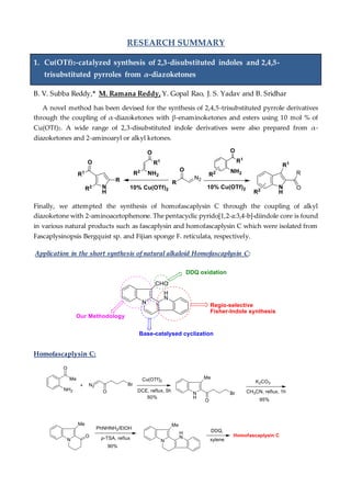 RESEARCH SUMMARY
1. Cu(OTf)2-catalyzed synthesis of 2,3-disubstituted indoles and 2,4,5-
trisubstituted pyrroles from α-diazoketones
B. V. Subba Reddy,* M. Ramana Reddy, Y. Gopal Rao, J. S. Yadav and B. Sridhar
A novel method has been devised for the synthesis of 2,4,5-trisubstituted pyrrole derivatives
through the coupling of α-diazoketones with β-enaminoketones and esters using 10 mol % of
Cu(OTf)2. A wide range of 2,3-disubstituted indole derivatives were also prepared from α-
diazoketones and 2-aminoaryl or alkyl ketones.
Finally, we attempted the synthesis of homofascaplysin C through the coupling of alkyl
diazoketone with 2-aminoacetophenone. The pentacyclic pyrido[1,2-a:3,4-b]-diindole core is found
in various natural products such as fascaplysin and homofascaplysin C which were isolated from
Fascaplysinopsis Bergquist sp. and Fijian sponge F. reticulata, respectively.
Application in the short synthesis of natural alkaloid Homofascaplysin C:
Homofascaplysin C:
 