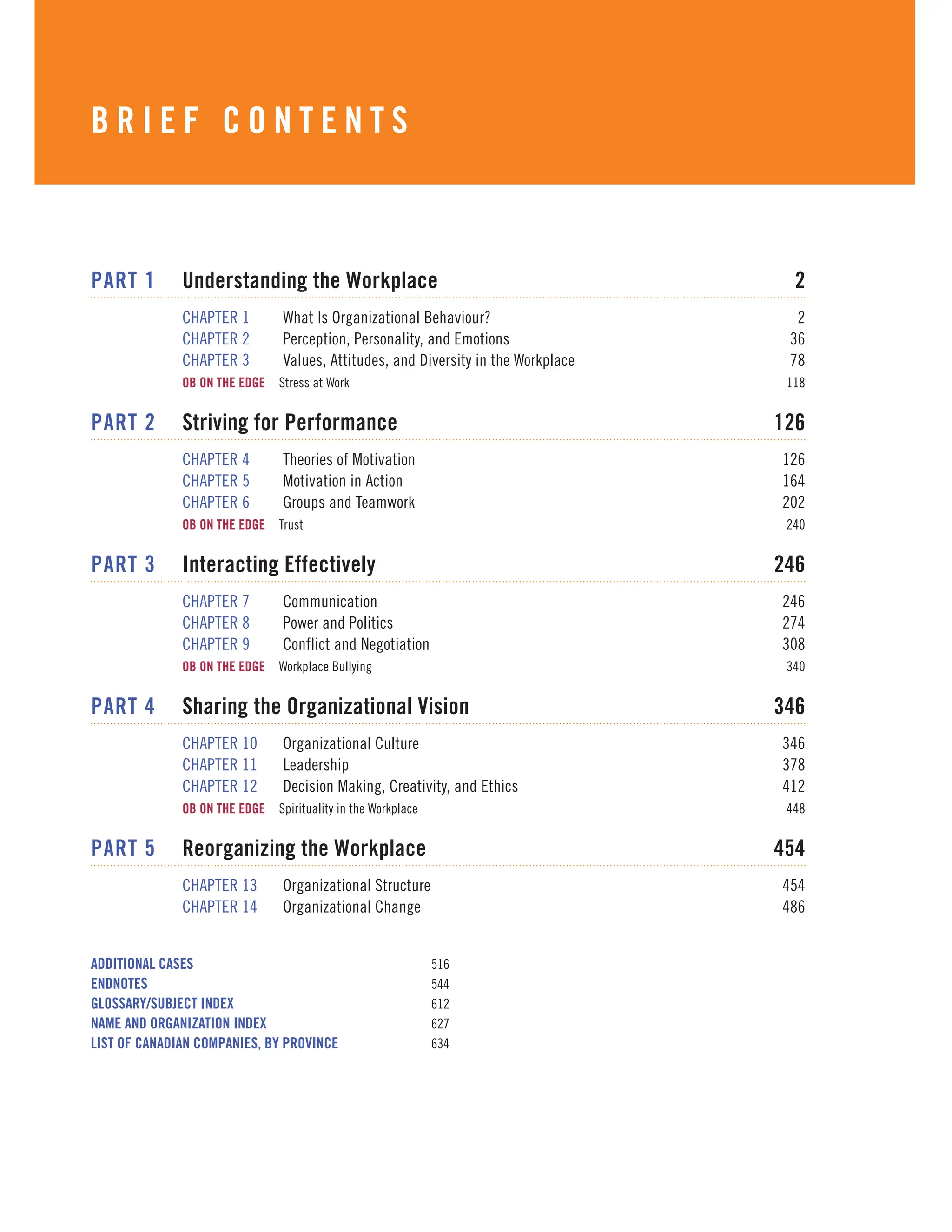 B R I E F C O N T E N T S
PART 1 Understanding the Workplace 2
CHAPTER 1 What Is Organizational Behaviour? 2
CHAPTER 2 Perception, Personality, and Emotions 36
CHAPTER 3 Values, Attitudes, and Diversity in the Workplace 78
OB ON THE EDGE Stress at Work 118
PART 2 Striving for Performance 126
CHAPTER 4 Theories of Motivation 126
CHAPTER 5 Motivation in Action 164
CHAPTER 6 Groups and Teamwork 202
OB ON THE EDGE Trust 240
PART 3 Interacting Effectively 246
CHAPTER 7 Communication 246
CHAPTER 8 Power and Politics 274
CHAPTER 9 Conflict and Negotiation 308
OB ON THE EDGE Workplace Bullying 340
PART 4 Sharing the Organizational Vision 346
CHAPTER 10 Organizational Culture 346
CHAPTER 11 Leadership 378
CHAPTER 12 Decision Making, Creativity, and Ethics 412
OB ON THE EDGE Spirituality in the Workplace 448
PART 5 Reorganizing the Workplace 454
CHAPTER 13 Organizational Structure 454
CHAPTER 14 Organizational Change 486
ADDITIONAL CASES 516
ENDNOTES 544
GLOSSARY/SUBJECT INDEX 612
NAME AND ORGANIZATION INDEX 627
LIST OF CANADIAN COMPANIES, BY PROVINCE 634
 