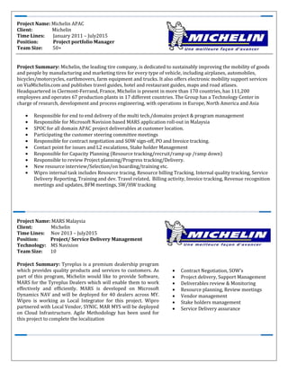 Project Name: MARS Malaysia
Client: Michelin
Time Lines: Nov 2013 – July2015
Position: Project/ Service Delivery Management
Technology: MS Navision
Team Size: 10
Project Summary: Tyreplus is a premium dealership program
which provides quality products and services to customers. As
part of this program, Michelin would like to provide Software,
MARS for the Tyreplus Dealers which will enable them to work
effectively and efficiently. MARS is developed on Microsoft
Dynamics NAV and will be deployed for 40 dealers across MY.
Wipro is working as Local Integrator for this project. Wipro
partnered with Local Vendor, SYNIC. MAR MYS will be deployed
on Cloud Infrastructure. Agile Methodology has been used for
this project to complete the localization
• Contract Negotiation, SOW’s
• Project delivery, Support Management
• Deliverables review & Monitoring
• Resource planning, Review meetings
• Vendor management
• Stake holders management
• Service Delivery assurance
Project Name: Michelin APAC
Client: Michelin
Time Lines: January 2011 – July2015
Position: Project portfolio Manager
Team Size: 50+
Project Summary: Michelin, the leading tire company, is dedicated to sustainably improving the mobility of goods
and people by manufacturing and marketing tires for every type of vehicle, including airplanes, automobiles,
bicycles/motorcycles, earthmovers, farm equipment and trucks. It also offers electronic mobility support services
on ViaMichelin.com and publishes travel guides, hotel and restaurant guides, maps and road atlases.
Headquartered in Clermont-Ferrand, France, Michelin is present in more than 170 countries, has 111,200
employees and operates 67 production plants in 17 different countries. The Group has a Technology Center in
charge of research, development and process engineering, with operations in Europe, North America and Asia
• Responsible for end to end delivery of the multi tech./domains project & program management
• Responsible for Microsoft Navision based MARS application roll-out in Malaysia
• SPOC for all domain APAC project deliverables at customer location.
• Participating the customer steering committee meetings
• Responsible for contract negotiation and SOW sign-off, PO and Invoice tracking.
• Contact point for issues and L2 escalations, Stake holder Management
• Responsible for Capacity Planning (Resource tracking/recruit/ramp up /ramp down)
• Responsible to review Project planning/Progress tracking/Delivery.
• New resource interview/Selection/on boarding/training etc.
• Wipro internal task includes Resource tracing, Resource billing Tracking, Internal quality tracking, Service
Delivery Reporting, Training and dev. Travel related, Billing activity, Invoice tracking, Revenue recognition
meetings and updates, BFM meetings, SW/HW tracking
 