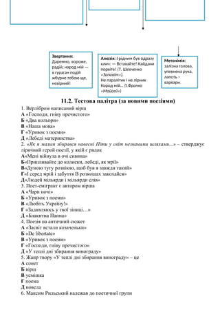 11.2. Тестова палітра (за новими поезіями)
1. Верлібром написаний вірш
А «Господи, гніву пречистого»
Б «Два кольори»
В «Наша мова»
Г «Уривок з поеми»
Д «Лебеді материнства»
2. «Як я малим збирався навесні Піти у світ незнаними шляхами...» – стверджує
ліричний герой поезії, у якій є рядок
А«Мені війнула в очі сивина»
Б«Припливайте до колиски, лебеді, як мрії»
В«Думою тугу розвіюю, щоб був я завжди такий»
Г«І серед мрій і забуття В розкошах закохайся»
Д«Людей мільярди і мільярди слів»
3. Поет-емігрант є автором вірша
А «Чари ночі»
Б «Уривок з поеми»
В «Любіть Україну!»
Г «Задивляюсь у твої зіниці…»
Д «Блакитна Панна»
4. Поезія на античний сюжет
А «Засвіт встали козаченьки»
Б «De libertate»
В «Уривок з поеми»
Г «Господи, гніву пречистого»
Д «У теплі дні збирання винограду»
5. Жанр твору «У теплі дні збирання винограду» – це
А сонет
Б вірш
В усмішка
Г поема
Д новела
6. Максим Рильський належав до поетичної групи
Звертання:
Даремно, вороже,
радій; народ мій —
в гураган подій
жбурне тобою ще,
невірний!
Алюзія: І рідним був одразу
клич: — Вставайте! Кайдани
порвіте! (Т. Шевченко
«Заповіт»).
Не паралітик і не лірник
Народ мій… (І.Франко
«Мойсей»)
Метонімія:
залізна голова,
упевнена рука,
лапоть –
варвари.
 