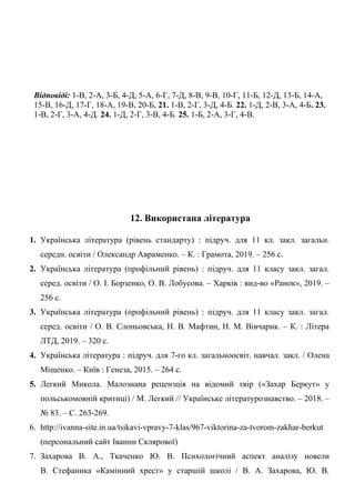 Відповіді: 1-В, 2-А, 3-Б, 4-Д, 5-А, 6-Г, 7-Д, 8-В, 9-В, 10-Г, 11-Б, 12-Д, 13-Б, 14-А,
15-В, 16-Д, 17-Г, 18-А, 19-В, 20-Б, 21. 1-В, 2-Г, 3-Д, 4-Б. 22. 1-Д, 2-В, 3-А, 4-Б. 23.
1-В, 2-Г, 3-А, 4-Д. 24. 1-Д, 2-Г, 3-В, 4-Б. 25. 1-Б, 2-А, 3-Г, 4-В.
12. Використана література
1. Українська література (рівень стандарту) : підруч. для 11 кл. закл. загальн.
середн. освіти / Олександр Авраменко. – К. : Грамота, 2019. – 256 с.
2. Українська література (профільний рівень) : підруч. для 11 класу закл. загал.
серед. освіти / О. І. Борзенко, О. В. Лобусова. – Харків : вид-во «Ранок», 2019. –
256 с.
3. Українська література (профільний рівень) : підруч. для 11 класу закл. загал.
серед. освіти / О. В. Слоньовська, Н. В. Мафтин, Н. М. Вівчарик. – К. : Літера
ЛТД, 2019. – 320 с.
4. Українська література : підруч. для 7-го кл. загальноосвіт. навчал. закл. / Олена
Міщенко. – Київ : Генеза, 2015. – 264 с.
5. Легкий Микола. Малознана рецензція на відомий твір («Захар Беркут» у
польськомовній критиці) / М. Легкий // Українське літературознавство. – 2018. –
№ 83. – С. 263-269.
6. http://ivanna-site.in.ua/tsikavi-vpravy-7-klas/967-viktorina-za-tvorom-zakhar-berkut
(персональний сайт Іванни Склярової)
7. Захарова В. А., Ткаченко Ю. В. Психологічний аспект аналізу новели
В. Стефаника «Камінний хрест» у старшій школі / В. А. Захарова, Ю. В.
 