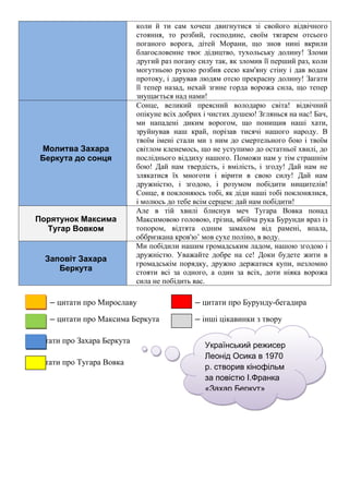 коли й ти сам хочеш двигнутися зі свойого відвічного
стояння, то розбий, господине, своїм тягарем отсього
поганого ворога, дітей Морани, що знов нині вкрили
благословенне твоє дідицтво, тухольську долину! Зломи
другий раз погану силу так, як зломив її перший раз, коли
могутньою рукою розбив сесю кам'яну стіну і дав водам
протоку, і дарував людям отсю прекрасну долину! Загати
її тепер назад, нехай згине горда ворожа сила, що тепер
знущається над нами!
Молитва Захара
Беркута до сонця
Сонце, великий преясний володарю світа! відвічний
опікуне всіх добрих і чистих душею! Зглянься на нас! Бач,
ми нападені диким ворогом, що понищив наші хати,
зруйнував наш край, порізав тисячі нашого народу. В
твоїм імені стали ми з ним до смертельного бою і твоїм
світлом кленемось, що не уступимо до остатньої хвилі, до
посліднього віддиху нашого. Поможи нам у тім страшнім
бою! Дай нам твердість, і вмілість, і згоду! Дай нам не
злякатися їх многоти і вірити в свою силу! Дай нам
дружністю, і згодою, і розумом побідити нищителів!
Сонце, я поклоняюсь тобі, як діди наші тобі поклонялися,
і молюсь до тебе всім серцем: дай нам побідити!
Порятунок Максима
Тугар Вовком
Але в тій хвилі блиснув меч Тугара Вовка понад
Максимовою головою, грізна, вбійча рука Бурунди враз із
топором, відтята одним замахом від рамені, впала,
оббризкана кров'ю’ мов сухе поліно, в воду.
Заповіт Захара
Беркута
Ми побідили нашим громадським ладом, нашою згодою і
дружністю. Уважайте добре на се! Доки будете жити в
громадськім порядку, дружно держатися купи, незломно
стояти всі за одного, а один за всіх, доти ніяка ворожа
сила не побідить вас.
– цитати про Мирославу – цитати про Бурунду-бегадира
– цитати про Максима Беркута – інші цікавинки з твору
– цитати про Захара Беркута
– цитати про Тугара Вовка
Український режисер
Леонід Осика в 1970
р. створив кінофільм
за повістю І.Франка
«Захар Беркут»
 