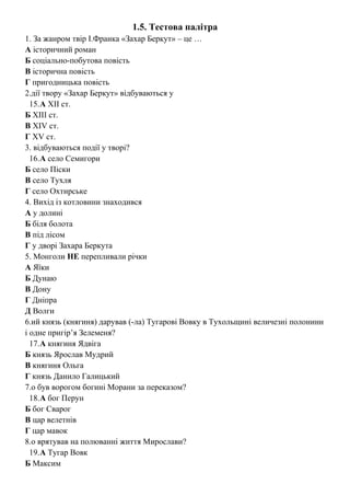 1.5. Тестова палітра
1. За жанром твір І.Франка «Захар Беркут» – це …
А історичний роман
Б соціально-побутова повість
В історична повість
Г пригодницька повість
2.дії твору «Захар Беркут» відбуваються у
15.А ХІІ ст.
Б ХІІІ ст.
В XIV ст.
Г XV ст.
3. відбуваються події у творі?
16.А село Семигори
Б село Піски
В село Тухля
Г село Охтирське
4. Вихід із котловини знаходився
А у долині
Б біля болота
В під лісом
Г у дворі Захара Беркута
5. Монголи НЕ перепливали річки
А Яїки
Б Дунаю
В Дону
Г Дніпра
Д Волги
6.ий князь (княгиня) дарував (-ла) Тугарові Вовку в Тухольщині величезні полонини
і одне пригір’я Зелеменя?
17.А княгиня Ядвіга
Б князь Ярослав Мудрий
В княгиня Ольга
Г князь Данило Галицький
7.о був ворогом богині Морани за переказом?
18.А бог Перун
Б бог Сварог
В цар велетнів
Г цар мавок
8.о врятував на полюванні життя Мирослави?
19.А Тугар Вовк
Б Максим
 