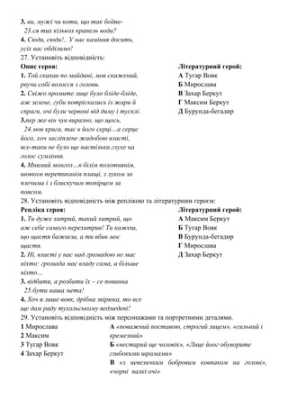 3. ви, мужі чи коти, що так боїте-
23.ся тих кількох крапель води?
4. Сюди, сюди!.. У нас каміння досить,
усіх вас обділимо!
27. Установіть відповідність:
Опис героя: Літературний герой:
1. Той скакав по майдані, мов скажений, А Тугар Вовк
рвучи собі волосся з голови. Б Мирослава
2. Свіжо промите лице було бліде-бліде, В Захар Беркут
аж зелене, губи потріскались із жари й Г Максим Беркут
спраги, очі були червоні від диму і тусклі. Д Бурунда-бегадир
3.пер же він чув виразно, що щось,
24.мов крига, тає в його серці…а серце
його, хоч засліплене жадобою власті,
все-таки не було ще настільки глухе на
голос сумління.
4. Мнимий монгол…в білім полотнянім,
шовком перетиканім плащі, з луком за
плечима і з блискучим топірцем за
поясом.
28. Установіть відповідність між реплікою та літературним героєм:
Репліка героя: Літературний герой:
1. Ти дуже хитрий, такий хитрий, що А Максим Беркут
аж себе самого перехитрив! Ти кажеш, Б Тугар Вовк
що щастя бажаєш, а ти вбив моє В Бурунда-бегадир
щастя. Г Мирослава
2. Ні, власті у нас над громадою не має Д Захар Беркут
ніхто: громада має владу сама, а більше
ніхто…
3. відбити, а розбити їх – се повинна
25.бути наша мета!
4. Хоч я лише вовк, дрібна звірюка, то все
ще дам раду тухольському ведмедеві!
29. Установіть відповідність між персонажами та портретними деталями.
1 Мирослава А «поважний поставою, строгий лицем», «сильний і
2 Максим кремезний»
3 Тугар Вовк Б «нестарий ще чоловік», «Лице йоог обуворите
4 Захар Беркут глибокими шрамами»
В «з невеличким бобровим ковпаком на голові»,
«чорні палкі очі»
 