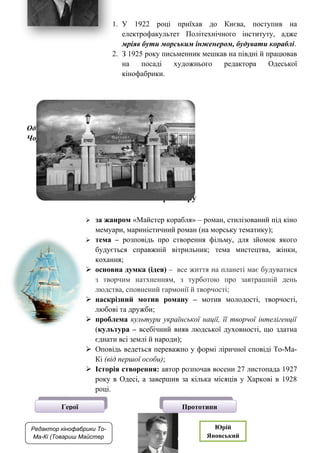 1. У 1922 році приїхав до Києва, поступив на
електрофакультет Політехнічного інституту, адже
мріяв бути морським інженером, будувати кораблі.
2. З 1925 року письменник мешкав на півдні й працював
на посаді художнього редактора Одеської
кінофабрики.
Одеса – «Голлівуд на березі
Чорного моря»
4.2. Паспорт твору
 за жанром «Майстер корабля» – роман, стилізований під кіно
мемуари, мариністичний роман (на морську тематику);
 тема – розповідь про створення фільму, для зйомок якого
будується справжній вітрильник; тема мистецтва, жінки,
кохання;
 основна думка (ідея) – все життя на планеті має будуватися
з творчим натхненням, з турботою про завтрашній день
людства, сповнений гармонії й творчості;
 наскрізний мотив роману – мотив молодості, творчості,
любові та дружби;
 проблема культури української нації, її творчої інтелігенції
(культура – всебічний вияв людської духовності, що здатна
єднати всі землі й народи);
 Оповідь ведеться переважно у формі ліричної сповіді То-Ма-
Кі (від першої особи);
 Історія створення: автор розпочав восени 27 листопада 1927
року в Одесі, а завершив за кілька місяців у Харкові в 1928
році.
Герої Прототипи
Редактор кінофабрики То-
Ма-Кі (Товариш Майстер
Кіно)
Юрій
Яновський
 