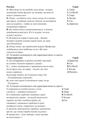 Репліка Герой
А «Мені дуже не до вподоби, коли жінка починає 1. Тайах
нехтувати своїми друзями: це значить, що вона на 2. То-Ма-Кі
комусь зупинила око». 3. Генрі
Б «Тепер – ви підняли мене з того місця, де я лежала 4. Богдан
при дорозі, загубивши людське обличчя, ви посадовили 5. Сев
мене на корабель – дайте ж мені попливти, 6. Директор
наставивши вітрила».
В «Не люблю нічого сентиментального, а жінкам
подобаються такі речі. Я п’ю за руки і за ноги,
за рот і шлунок».
Г «Я зайшов до порту й кинув якір… Багате
досвідом життя лежить переді мною, як мапа
моєї Республіки».
Д «Тепер скажу, що корабельний журнал Професора
подобається мені найбільше за все. Він мене
спокусив на вірш».
43. Установіть відповідність між характеристикою та героєм:
Характеристика Герой
1. «До кінофабрики я приїхав молодий і простий, А Директор
як солдат з булавою маршала в ранці». Б Сев
2. «…ходив, похитуючись і припадаючи то на одну, В То-Ма-Кі
то на другу ногу, як моряк, - до речі, він і був Г Богдан
колись моряком». Д Михайль
3.кземпляр людини, що її викинуло море, був
34.навдивовижу живучий».
4.у мене сиві скроні й спустошене серце, як ця
35.пляшка».
44. Установіть відповідність між характеристикою та героєм:
1 «стримана й холодна взагалі, а коли А Генрі
сміється — робиться близькою» Б Тайах
2 «з однаковою гордістю стоятиме серед В То-Ма-Кі
велетенських машин... на палубі океанського Г Богдан
корабля, що йде в невідомі країни, він Д Сев
стоятиме з однаковою гордістю й серед
неміряного степу, спираючись на палицю»
3 «реаліст, який іронічно сприймає зауваження
про те, що «жінку треба носити на руках»
4 «твори його “легкі, бадьорі, і вони звучать,
як пісня птаха”»
 