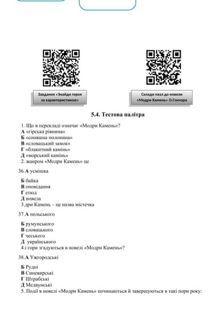 5.4. Тестова палітра
1. Що в перекладі означає «Модри Камень»?
А «гірська рівнина»
Б «соняшна полонина»
В «словацький замок»
Г «блакитний камінь»
Д «морський камінь»
2. жанром «Модри Камень» це
36.А усмішка
Б байка
В оповідання
Г етюд
Д новела
3.дри Камень – це назва містечка
37.А польського
Б румунського
В словацького
Г чеського
Д українського
4.і гори згадуються в новелі «Модри Камень»?
38.А Ужгородські
Б Рудні
В Синевирські
Г Штрабські
Д Медвунські
5. Події в новелі «Модри Камень» починаються й завершуються в такі пори року:
Завдання «Знайди героя
за характеристикою»
Склади пазл до новели
«Модри Камень» О.Гончара
 