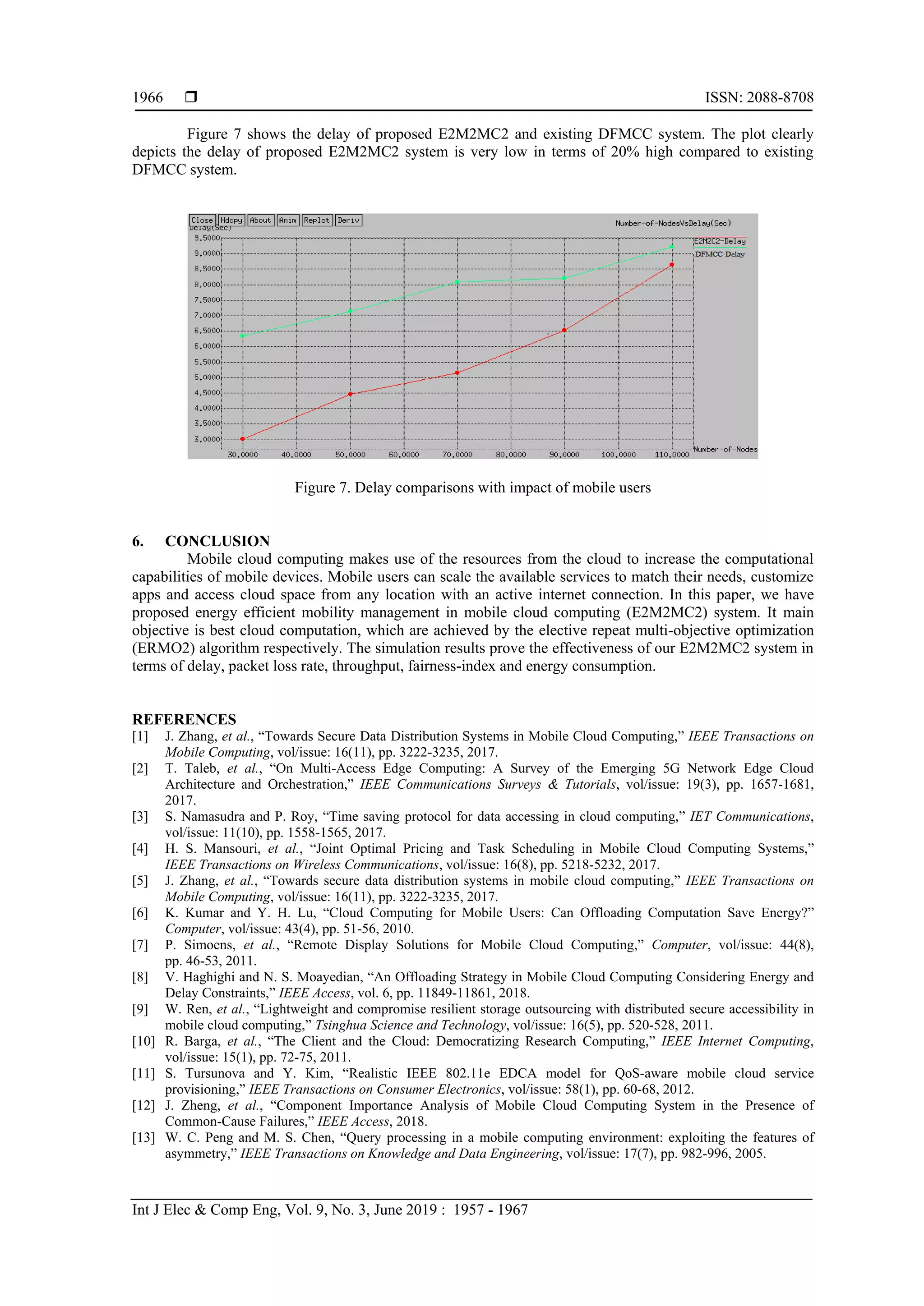  ISSN: 2088-8708
Int J Elec & Comp Eng, Vol. 9, No. 3, June 2019 : 1957 - 1967
1966
Figure 7 shows the delay of proposed E2M2MC2 and existing DFMCC system. The plot clearly
depicts the delay of proposed E2M2MC2 system is very low in terms of 20% high compared to existing
DFMCC system.
Figure 7. Delay comparisons with impact of mobile users
6. CONCLUSION
Mobile cloud computing makes use of the resources from the cloud to increase the computational
capabilities of mobile devices. Mobile users can scale the available services to match their needs, customize
apps and access cloud space from any location with an active internet connection. In this paper, we have
proposed energy efficient mobility management in mobile cloud computing (E2M2MC2) system. It main
objective is best cloud computation, which are achieved by the elective repeat multi-objective optimization
(ERMO2) algorithm respectively. The simulation results prove the effectiveness of our E2M2MC2 system in
terms of delay, packet loss rate, throughput, fairness-index and energy consumption.
REFERENCES
[1] J. Zhang, et al., “Towards Secure Data Distribution Systems in Mobile Cloud Computing,” IEEE Transactions on
Mobile Computing, vol/issue: 16(11), pp. 3222-3235, 2017.
[2] T. Taleb, et al., “On Multi-Access Edge Computing: A Survey of the Emerging 5G Network Edge Cloud
Architecture and Orchestration,” IEEE Communications Surveys & Tutorials, vol/issue: 19(3), pp. 1657-1681,
2017.
[3] S. Namasudra and P. Roy, “Time saving protocol for data accessing in cloud computing,” IET Communications,
vol/issue: 11(10), pp. 1558-1565, 2017.
[4] H. S. Mansouri, et al., “Joint Optimal Pricing and Task Scheduling in Mobile Cloud Computing Systems,”
IEEE Transactions on Wireless Communications, vol/issue: 16(8), pp. 5218-5232, 2017.
[5] J. Zhang, et al., “Towards secure data distribution systems in mobile cloud computing,” IEEE Transactions on
Mobile Computing, vol/issue: 16(11), pp. 3222-3235, 2017.
[6] K. Kumar and Y. H. Lu, “Cloud Computing for Mobile Users: Can Offloading Computation Save Energy?”
Computer, vol/issue: 43(4), pp. 51-56, 2010.
[7] P. Simoens, et al., “Remote Display Solutions for Mobile Cloud Computing,” Computer, vol/issue: 44(8),
pp. 46-53, 2011.
[8] V. Haghighi and N. S. Moayedian, “An Offloading Strategy in Mobile Cloud Computing Considering Energy and
Delay Constraints,” IEEE Access, vol. 6, pp. 11849-11861, 2018.
[9] W. Ren, et al., “Lightweight and compromise resilient storage outsourcing with distributed secure accessibility in
mobile cloud computing,” Tsinghua Science and Technology, vol/issue: 16(5), pp. 520-528, 2011.
[10] R. Barga, et al., “The Client and the Cloud: Democratizing Research Computing,” IEEE Internet Computing,
vol/issue: 15(1), pp. 72-75, 2011.
[11] S. Tursunova and Y. Kim, “Realistic IEEE 802.11e EDCA model for QoS-aware mobile cloud service
provisioning,” IEEE Transactions on Consumer Electronics, vol/issue: 58(1), pp. 60-68, 2012.
[12] J. Zheng, et al., “Component Importance Analysis of Mobile Cloud Computing System in the Presence of
Common-Cause Failures,” IEEE Access, 2018.
[13] W. C. Peng and M. S. Chen, “Query processing in a mobile computing environment: exploiting the features of
asymmetry,” IEEE Transactions on Knowledge and Data Engineering, vol/issue: 17(7), pp. 982-996, 2005.
 
