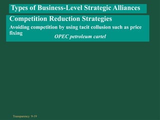 Avoiding competition by using tacit collusion such as price
fixing
OPEC petroleum cartel
Types of Business-Level Strategic Alliances
Competition Reduction Strategies
Transparency 9-19
 