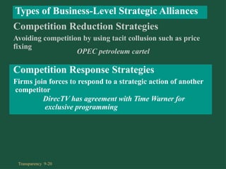 Avoiding competition by using tacit collusion such as price
fixing
OPEC petroleum cartel
Competition Response Strategies
Firms join forces to respond to a strategic action of another
competitor
DirecTV has agreement with Time Warner for
exclusive programming
Types of Business-Level Strategic Alliances
Competition Reduction Strategies
Transparency 9-20
 
