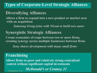Allows a firm to expand into a new product or market area
with an acquisition
Samsung Group joins with Nissan to build new autos
Synergistic Strategic Alliances
Create economies of scope between two or more firms,
creating synergy across multiple businesses between firms
Sony shares development with many small firms
Franchising
Allows firms to grow and relatively strong centralized
control without significant capital investments
McDonald’s or Century 21
Types of Corporate-Level Strategic Alliances
Diversifying Alliances
Transparency 9-24
 