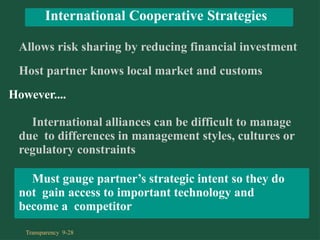 Allows risk sharing by reducing financial investment
Host partner knows local market and customs
However....
International alliances can be difficult to manage
due to differences in management styles, cultures or
regulatory constraints
Must gauge partner’s strategic intent so they do
not gain access to important technology and
become a competitor
International Cooperative Strategies
Transparency 9-28
 