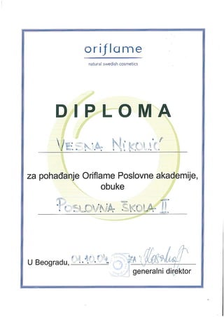 Diploma za pohadjanje Oriflame Poslovne akademije, obuke PS II