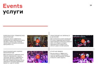 МНОГОКАМЕРНАЯ СЪЕМКА
МЕРОПРИЯТИЙ
ТРАНСЛЯЦИЯ НА ЭКРАНЫ И
В ИНТЕРНЕТ
ОТЧЕТНОЕ ВИДЕО
КОМПЛЕКСНОЕ ГРАФИЧЕСКОЕ
ОФОРМЛЕНИЕ
Создание пакета графических
материалов для мероприятия: фоны,
заставки, плашки под спикеров,
презентации спикеров, анонсирую-
щие ролики и т.д.
Дает возможность всем желающим
не только подробнее рассмотреть
происходящее на больших экранах в
зале, но и следить за ходом
мероприятия из любой точки
земного шара в онлайн-режиме.
Монтаж яркого и эффектного
отчетного видео о прошедшем
событии. Воспоминания, которые
останутся с вами надолго.
14
Events
услуги
Дает возможность наиболее полно
осветить мероприятие, заснять
«вкусные» детали и подробности;
дает большие возможности при
монтаже: неудачные ракурсы легко
заменяются на более подходящие
варианты с другой камеры.
 
